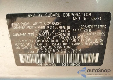 2024 Subaru Crosstrek из США, поврежденный, VIN JF2GUABCXR8897604